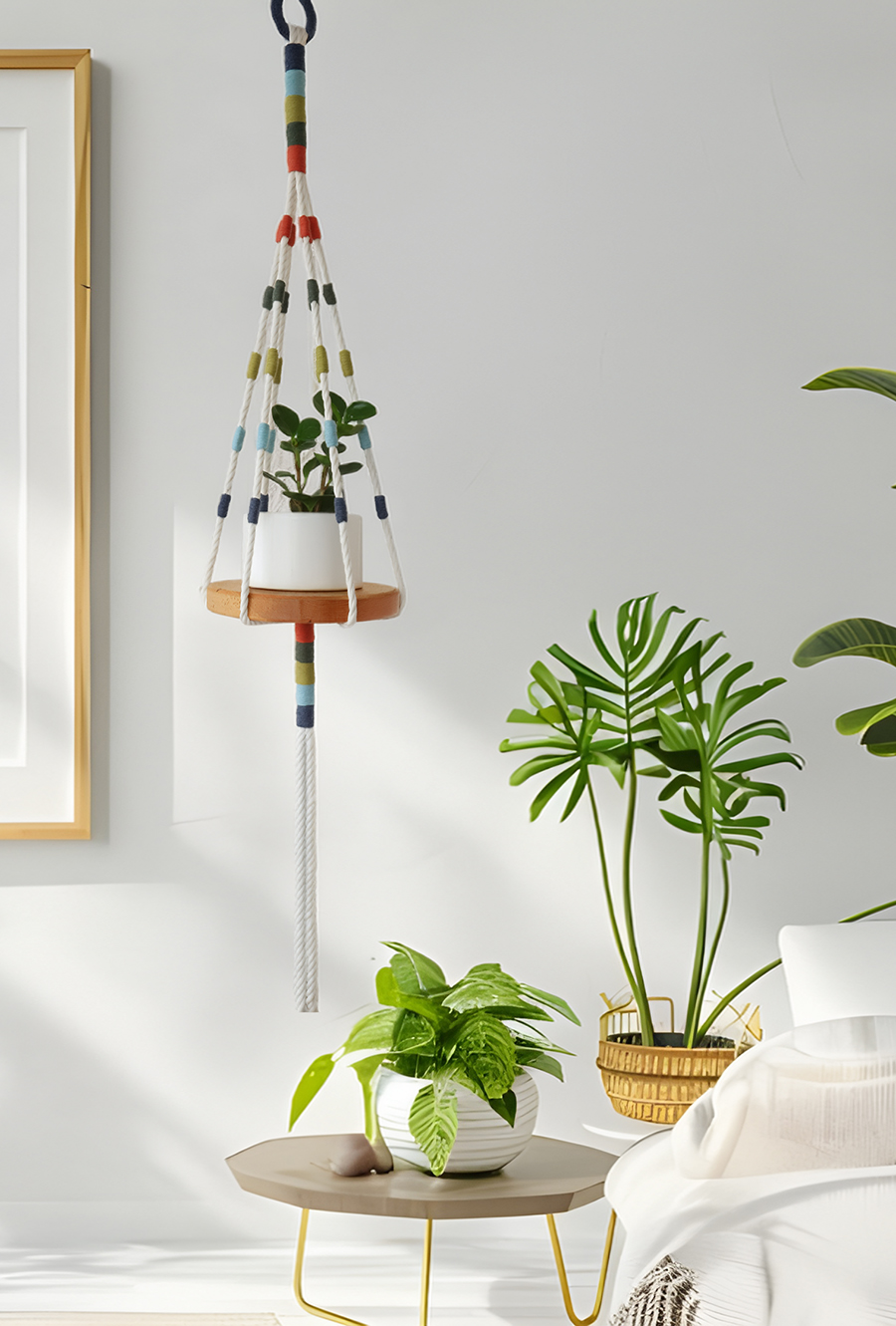 Macetero Pino Colorin colgado en una habitación al lado de plantas